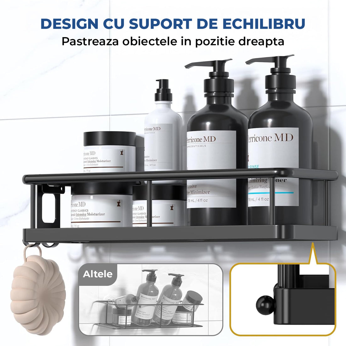 Set 2 Rafturi de Dus Elindor® Polita cu Adeziv, Etajera de Baie, Raft cu Carlige, din Metal, Suport Prosop si Sapun, Organizator Baie sau Etajere Depozitare in Bucatarie, Accesorii, 31.5 x 11 x 6.5 cm, Negru
