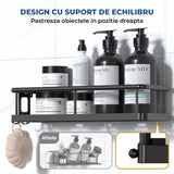 Set 2 Rafturi de Dus Elindor® Polita cu Adeziv, Etajera de Baie, Raft cu Carlige, din Metal, Suport Prosop si Sapun, Organizator Baie sau Etajere Depozitare in Bucatarie, Accesorii, 31.5 x 11 x 6.5 cm, Negru