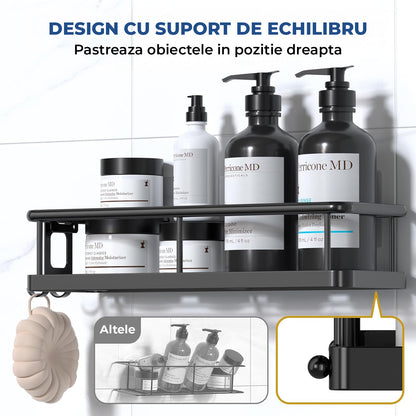 Set 2 Rafturi de Dus Elindor® Polita cu Adeziv, Etajera de Baie, Raft cu Carlige, din Metal, Suport Prosop si Sapun, Organizator Baie sau Etajere Depozitare in Bucatarie, Accesorii, 31.5 x 11 x 6.5 cm, Negru