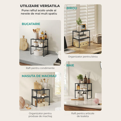 Set 2 Rafturi Elindor® din Bambus, Raft Extensibil si Suprapus pentru Bucatarie, Organizator Metalic Reglabil, Ideal ca Etajera Depozitare in Camara sau Birou, Perfect pentru Condimente, Vesela, Farfurii, Stabil si Compact, Polita pentru Obiecte, Negru