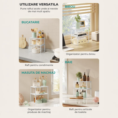 Set 2 Rafturi Elindor® din Bambus, Raft Extensibil si Suprapus pentru Bucatarie, Organizator Metalic Reglabil, Ideal ca Etajera Depozitare in Camara sau Birou, Perfect pentru Condimente, Vesela, Farfurii, Stabil si Compact, Polita pentru Obiecte Diverse,