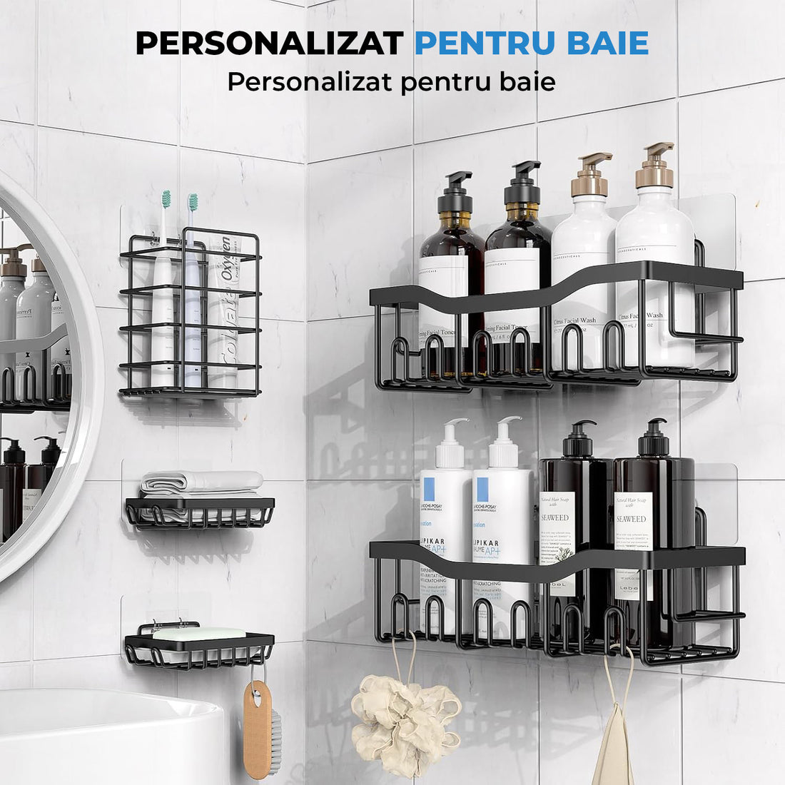 Set 5 Rafturi de Dus Elindor® Polita cu Adeziv, Etajera de Baie pentru Colt, Raft cu Carlige, din Otel Carbon, Suport Prosop si Sapun, Organizator Baie sau Etajere Depozitare in Bucatarie, Accesorii, 14 × 32.3 × 10.5 cm, Negru