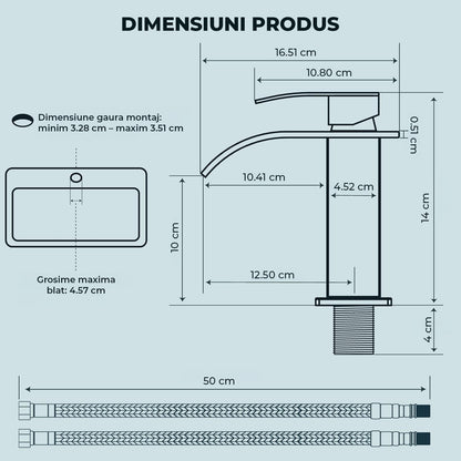 Baterie Chiuveta Neagra Elindor® Inalta, Tip Cascada, Robinet de Apa Modern, Monocomanda pentru Bucatarie si Baie, Otel Inoxidabil, Montare pe Blat, Jet Larg, Incastrata, Multifunctionala Design Elegant pentru Lavoar sau Vas, 14 cm