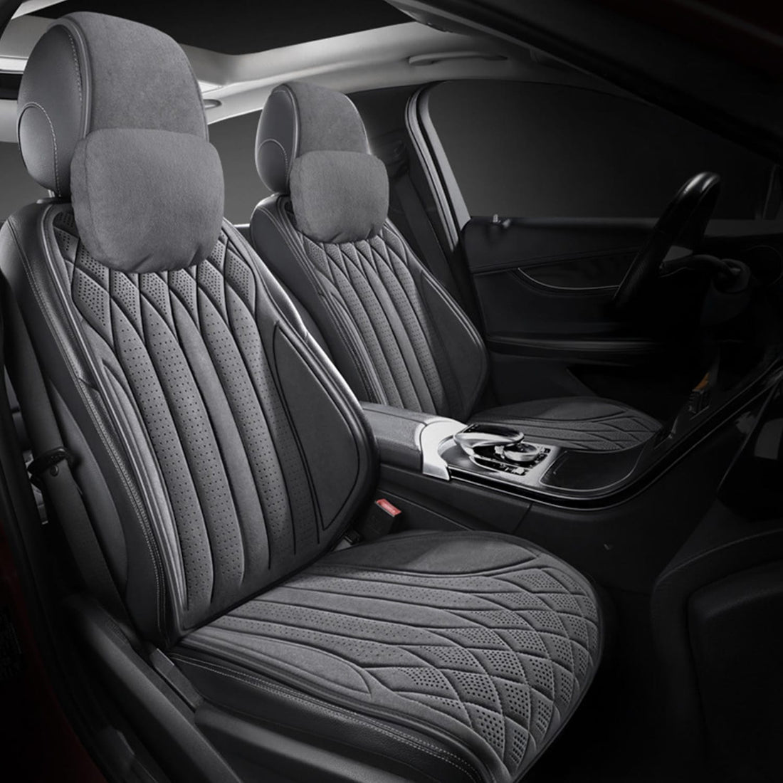 Husă Auto Elindor®, Suede Moale, Universală, Confort Premium, Pernă Tetiere Inclusă, Gri Închis