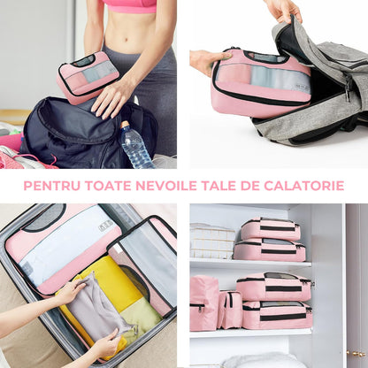 Set Organizatoare Calatorie Elindor® pentru Bagaj cu 8 Genti de Depozitare Haine, Accesorii, Cosmetice, Roz