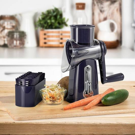 Razatoare Rotativa 5 in 1 Elindor® cu Maner, Lame din Otel Inoxidabil, Tocator Legume, Razatoare Branza, Nuci, Morcovi, Varza, Ustensila de Bucatarie, Design Compact, Multifunctional, Mov