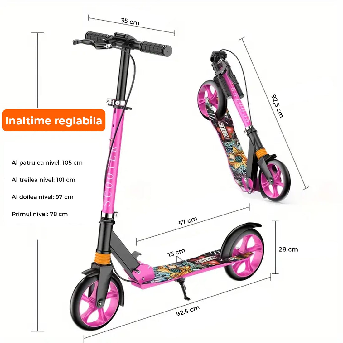 Trotinetă Pliabilă cu Amortizor Elindor®, Frână Spate și Platformă Antiderapantă, Roz