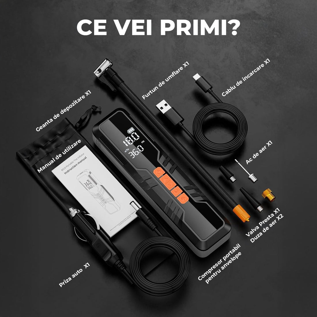 Compresor de Aer Elindor® Portabil 150PSI, 10000mAh cu Afisaj Digital si Lumina LED, Pompa Auto, Negru