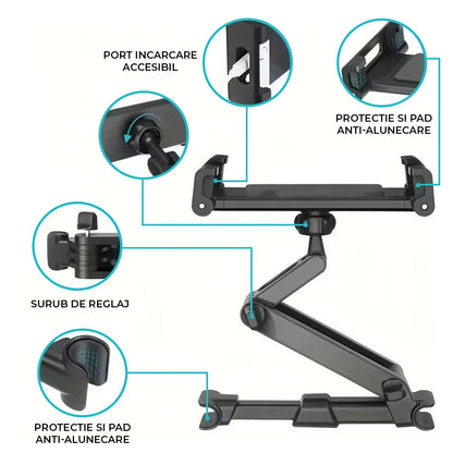 Suport Auto Tableta si Telefon Premium Elindor® pentru Tetiera Scaun, Universal, Compatibil 4.7-13 inch,  iPad, Switch, Sumsung Tab, Smartphone, Ajustabil 360°, Flexibil, Pliabil, Ideal pentru Copii sau Adulti, Orizontal, Accesorii Masina, Negru