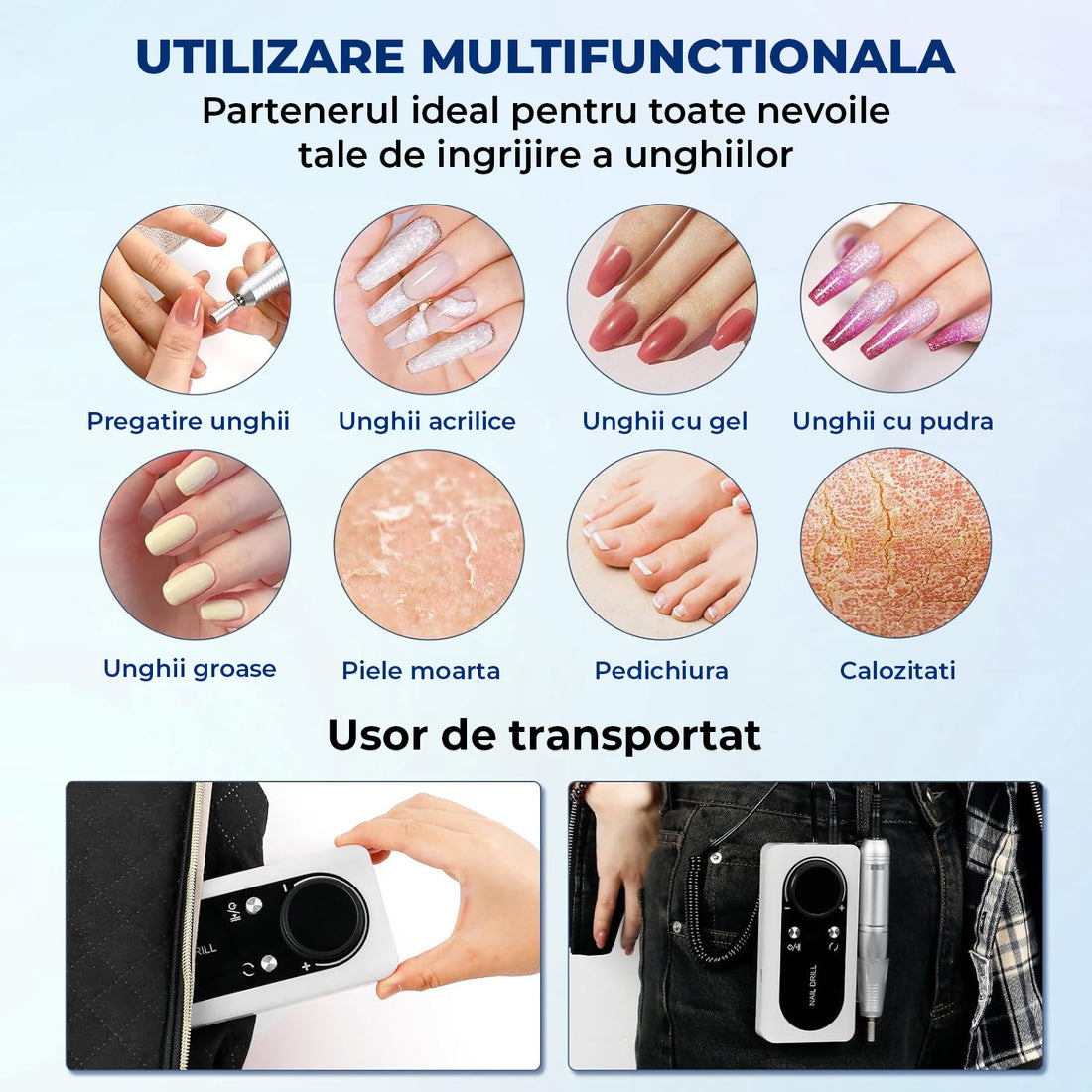 Freza Unghii Electrica Elindor® cu Suport Pila Electrica Reincarcabila, Set Complet de Ingrijire pentru Manichiura si Pedichiura Profesionala, Cuticule sau Calcaie, Ecran LCD, 45000 RPM, Viteza Reglaj Continuu, 6 Capete Detasabile, 6 Benzi Abrazive, Alb