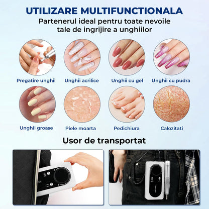 Freza Unghii Electrica Elindor® cu Suport Pila Electrica Reincarcabila, Set Complet de Ingrijire pentru Manichiura si Pedichiura Profesionala, Cuticule sau Calcaie, Ecran LCD, 45000 RPM, Viteza Reglaj Continuu, 6 Capete Detasabile, 6 Benzi Abrazive, Alb