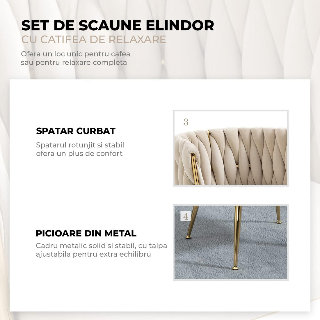 Set 2 Scaune Elindor® Ergonomice, Tip Scoica, Design Contemporan, Scaun cu Spatar si cu Manere, din Catifea cu Picioare Metalice Aurii, Potrivite pentru Living, Bucatarie, Birou, Dormitor, Bej