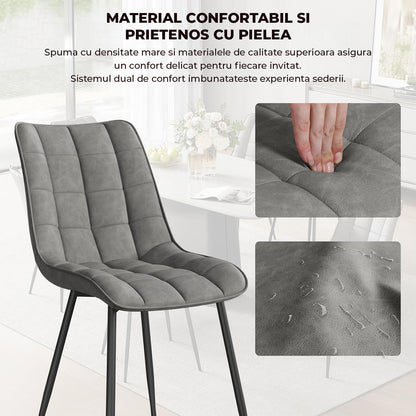 Set 2 Scaune Elindor® Ergonomice, Design Contemporan, Scaun cu Spatar si fara Manere, din Catifea cu Picioare Metalice Negre, Potrivite pentru Living, Bucatarie, Birou, Dormitor, Latime Sezut 46 cm, 85.5 x 45 x 42 cm, Gri