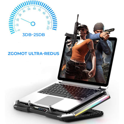 Cooler Laptop Gaming RGB Elindor® Suport cu Unghi Reglabil 7.5-17.5 cm, Dimensiuni Compatabile 15.6-17.3 Inch, 6 Ventilatoare Puternice si Silentioase 20dB cu 6x Viteza Ajustabila, 2 Porturi USB, pentru Birou, Calatorii, 41 x 27 x 3.4 cm, Negru