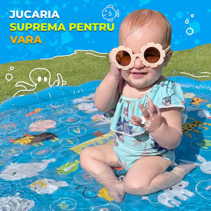 Piscina Gonflabila Elindor® 3-in1, cu Jeturi de Apa pentru Copii, Model Litere si Animale Salbatice, de Interior / Exterior, Distractie si Educatie, Jucarii Bebelusi si Copii, Instalare Rapida, Diametru 1 m, Bleumarin