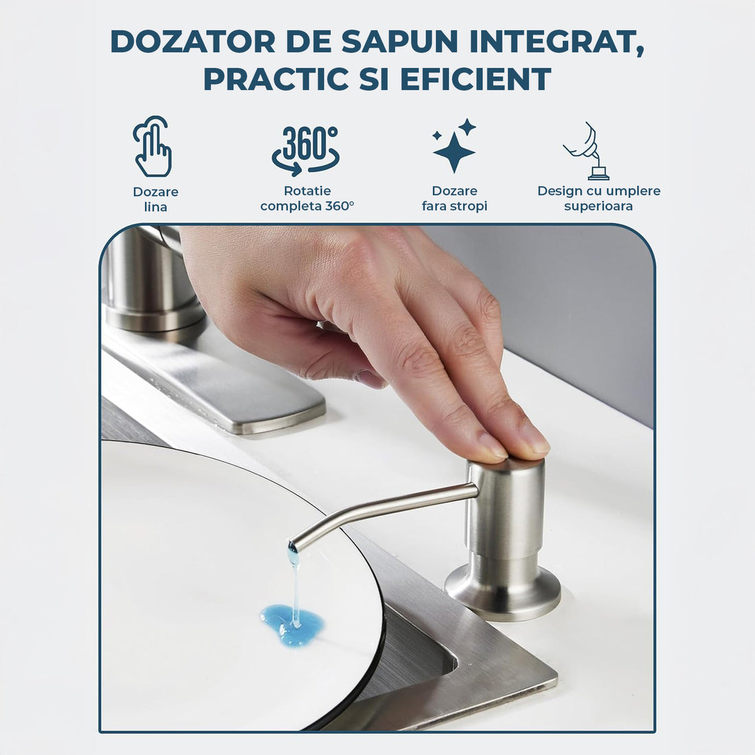 Baterie Chiuveta Bucatarie Argintie Elindor® Robinet de Apa Modern, cu Suport Incastrat pentru Sapun, Jet Reglabil, Cap Dus Extractabil cu Trei Functii, Monocomanda, pentru Bucatarie, Otel Inoxidabil, Finisaj Mat