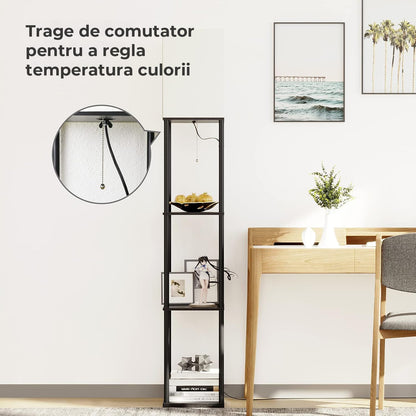 Lampa de Podea Decorativa Elindor® cu Structura Metalica, Rafturi de Depozitare,Abajur Textil, Negru