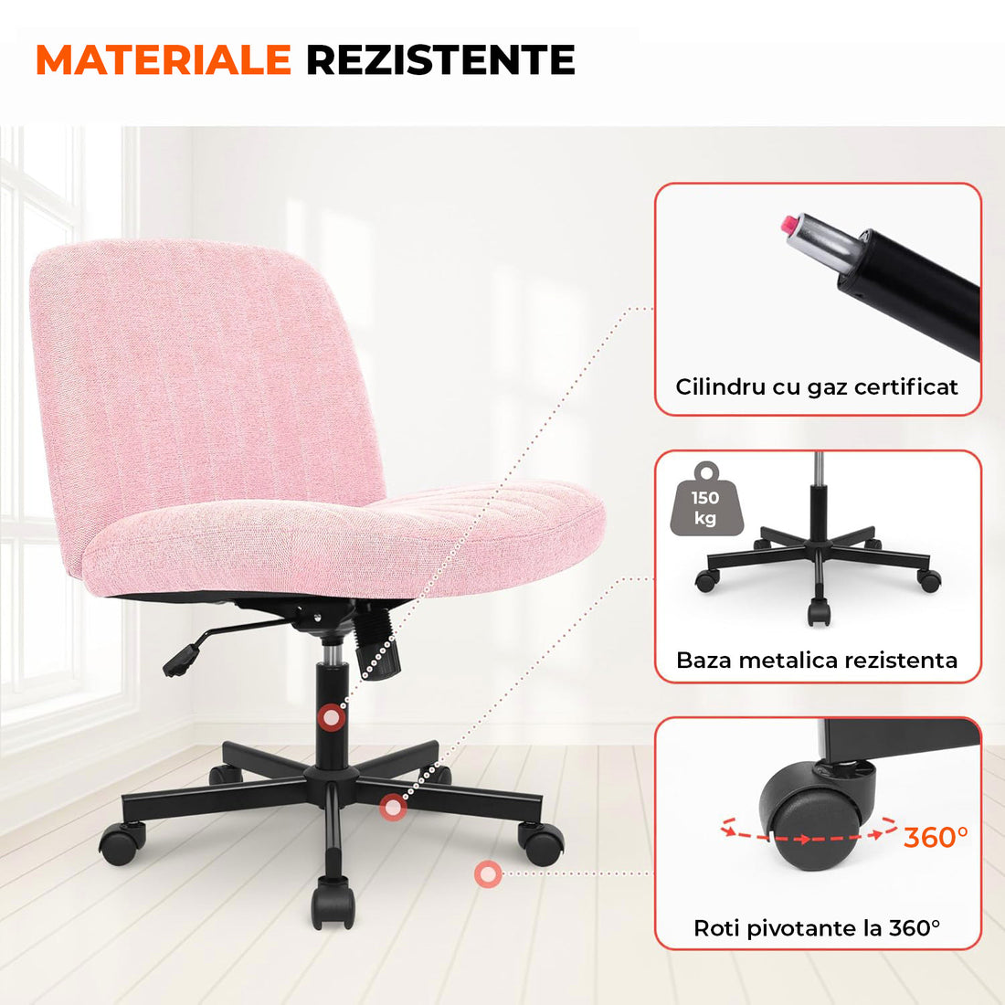 Scaun Birou Ergonomic Elindor® Rotativ 360°, fara Manere, cu Spatar Design Compact, Confortabil, Scaune in Stil Modern cu Roti, Picioare Metalice, Reglaj Balansare, Inaltime Ajustabila, 56 × 67 × 92 cm, Roz