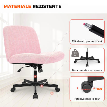 Scaun Birou Ergonomic Elindor® Rotativ 360°, fara Manere, cu Spatar Design Compact, Confortabil, Scaune in Stil Modern cu Roti, Picioare Metalice, Reglaj Balansare, Inaltime Ajustabila, 56 × 67 × 92 cm, Roz