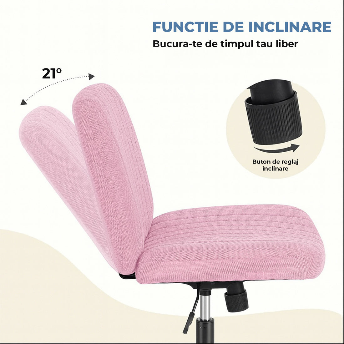 Scaun Birou Ergonomic Elindor® Rotativ 360°, fara Manere, cu Spatar Design Compact, Scaune in Stil Modern fara Roti, Picioare Metalice, Reglaj Balansare, Confortabil, Inaltime Ajustabila, 56 × 67 × 92 cm, Roz