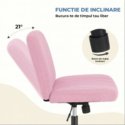 Scaun Birou Ergonomic Elindor® Rotativ 360°, fara Manere, cu Spatar Design Compact, Scaune in Stil Modern fara Roti, Picioare Metalice, Reglaj Balansare, Confortabil, Inaltime Ajustabila, 56 × 67 × 92 cm, Roz