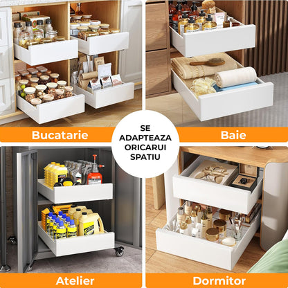 Organizator Multifunctional Elindor® Tip Sertar, cu Adeziv, Suport Metalic Dulap sub Blat Chiuveta, Inaltime Reglabila, Sertar Glisant Organizare pentru Bucatarie, Baie, Camara, Bar, Raft cu Sertare Depozitare Detergenti, Parfumuri, 43x25x9 cm, Alb