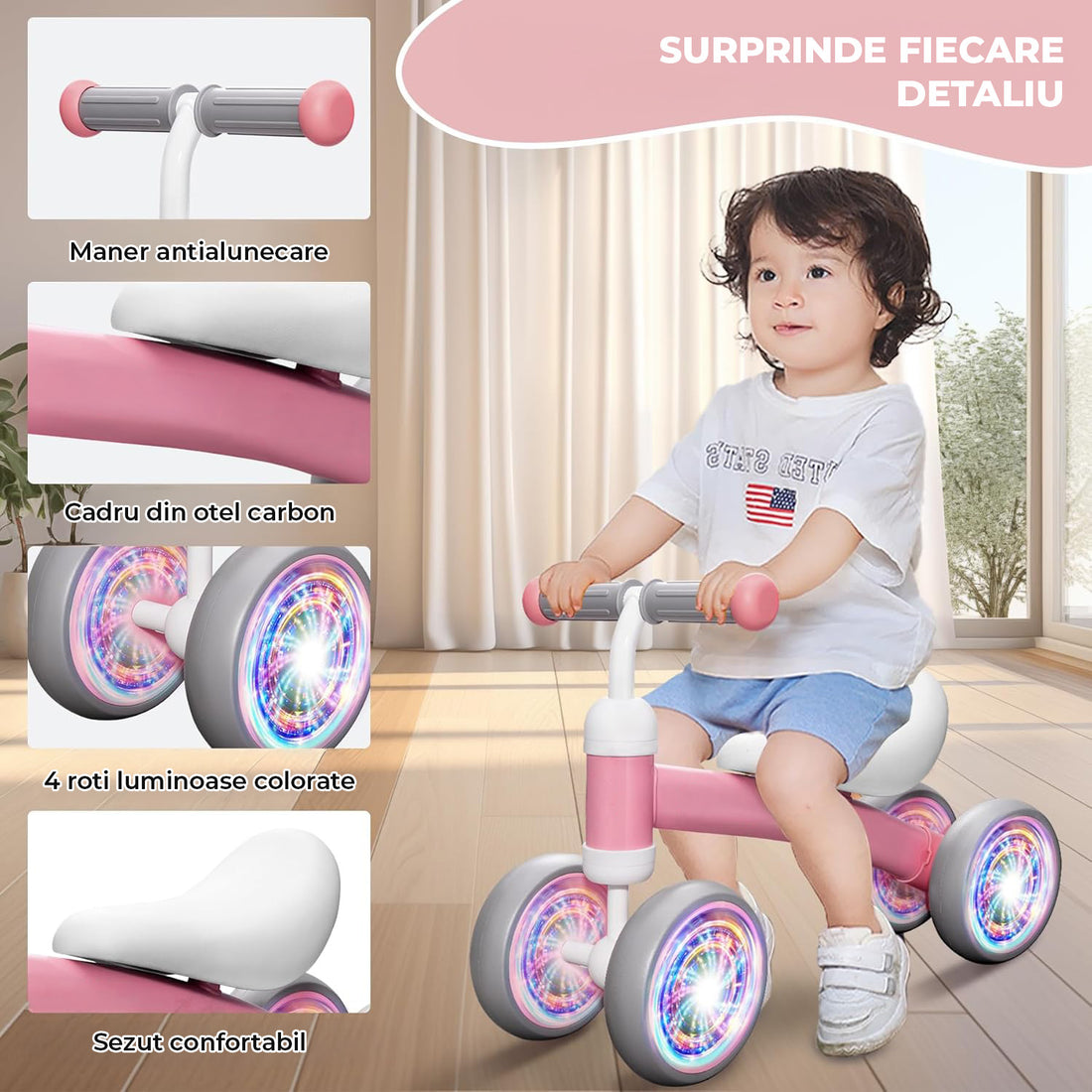 Bicicleta fara Pedale Elindor® pentru Copii, cu 4 Roti cu LED, Usoara, Silentioasa, Robusta, Sa Ergonomica, Dezvolta Echilibrul si Coordonarea, pentru Copii de 10-36 Luni, 55 x 19 x 24.5 cm, Roz