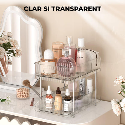 Set 2 Organizatoare Transparente Elindor® cu 2 Nivele si Separatoare, Recipient de Depozitare Multifunctional si Glisant, Organizator pentru Dulapul de sub Chiuveta din Baie si Bucatarie, 30.4 x 23 x 16 cm