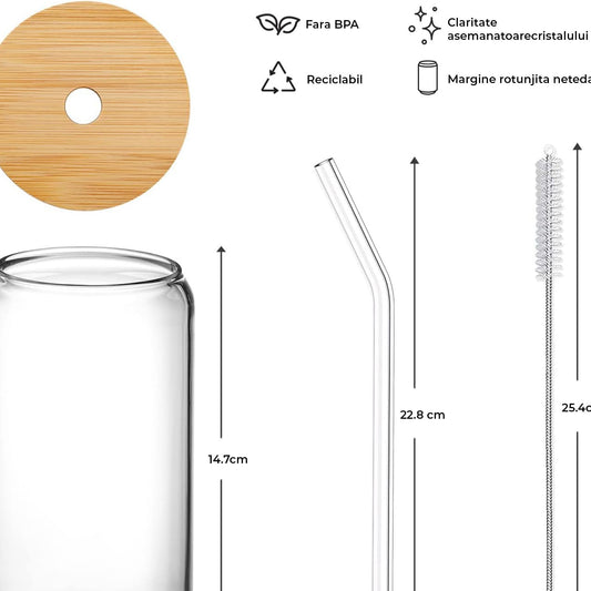 Set 8 Pahare Sticla Elindor® Capace din Bambus si Pai, Perfecte pentru Cafea, Cocktailuri, Ceai si Bauturi Reci sau Calde, 470ml, Transparent