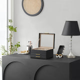 Cutie de Bijuterii Elindor® Organizator pe 3 Niveluri, Sertar x2, Spatiu de Depozitare pentru Inel, Verighete, Lantisoare, Bratari, Cercei, Caseta din Material Catifelat, Design Rafinat, Simplu si Elegant, Piele Ecologica Neagra, 20.3 x 23 x 13.5 cm