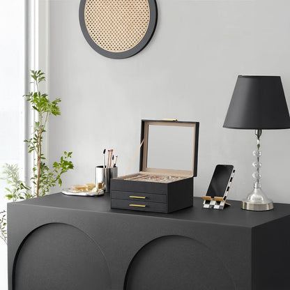 Cutie de Bijuterii Elindor® Organizator pe 3 Niveluri, Sertar x2, Spatiu de Depozitare pentru Inel, Verighete, Lantisoare, Bratari, Cercei, Caseta din Material Catifelat, Design Rafinat, Simplu si Elegant, Piele Ecologica Neagra, 20.3 x 23 x 13.5 cm