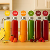 Set 6 Sticle Elindor® cu Capace din Inox, Etanseitate 100%, Ideal pentru Apa, Suc, Smoothie, Ceai, Cafea, Potrivit pentru Frigider, Lavabil, din Sticla fara BPA, 22 x 6 cm, 530 ml, Transparent