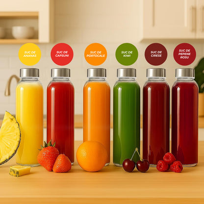Set 6 Sticle Elindor® cu Capace din Inox, Etanseitate 100%, Ideal pentru Apa, Suc, Smoothie, Ceai, Cafea, Potrivit pentru Frigider, Lavabil, din Sticla fara BPA, 22 x 6 cm, 530 ml, Transparent