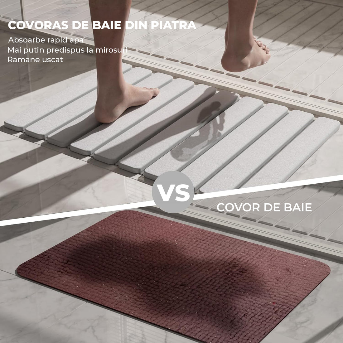 Covor de Baie Elindor® Pliabil, din Diatomit, Antiderapant, Absorbant, Dreptunghiular, Potrivit in Fata la Cada, Cabina de Dus, WC, Chiuveta, Model Uni, 60 x 39 x 1 cm, Alb