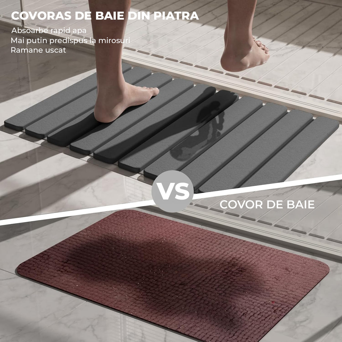 Covor de Baie Elindor® Pliabil, din Diatomit, Antiderapant, Absorbant, Dreptunghiular, Potrivit in Fata la Cada, Cabina de Dus, WC, Chiuveta, Model Uni, 60 x 39 x 1 cm, Gri