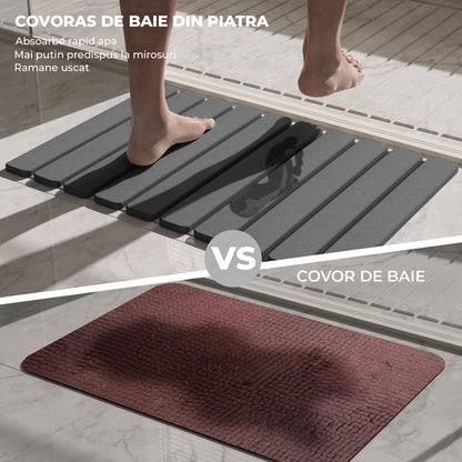 Covor de Baie Elindor® Pliabil, din Diatomit, Antiderapant, Absorbant, Dreptunghiular, Potrivit in Fata la Cada, Cabina de Dus, WC, Chiuveta, Model Uni, 60 x 39 x 1 cm, Gri