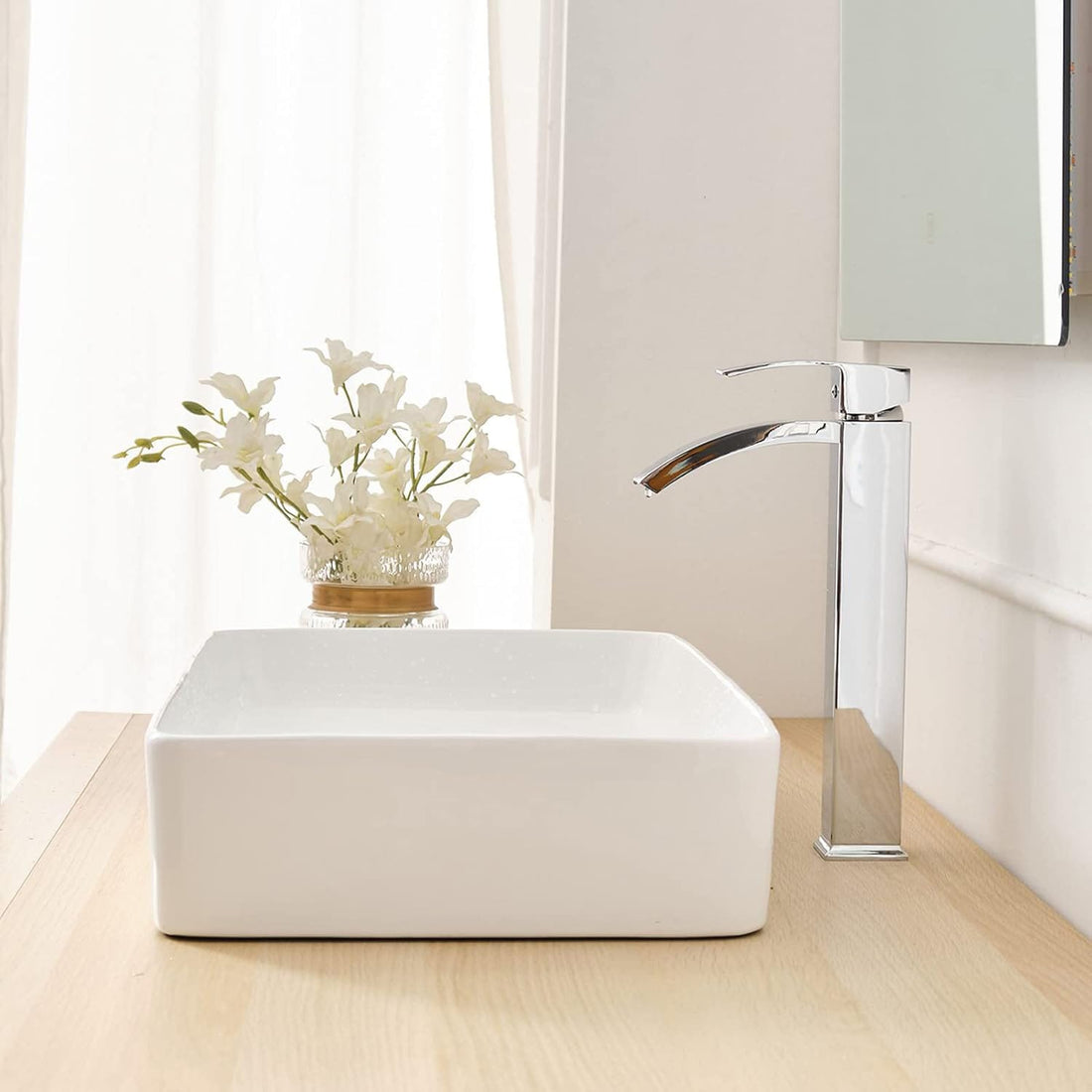 Baterie Chiuveta Vas Elindor®, Robinet Cascada, Design Modern, Alama Solida, Argintiu