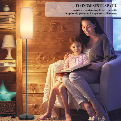 Lampa de Podea Elindor® Veioza cu Abajur Tesatura, Lumina Calda, Soclu Compatitbil E26, Structura Metalica, pentru Camera de Zi, Dormitor, Sufragerie, Birou, Hol, Picior 194 x Baza 22 cm, Alb