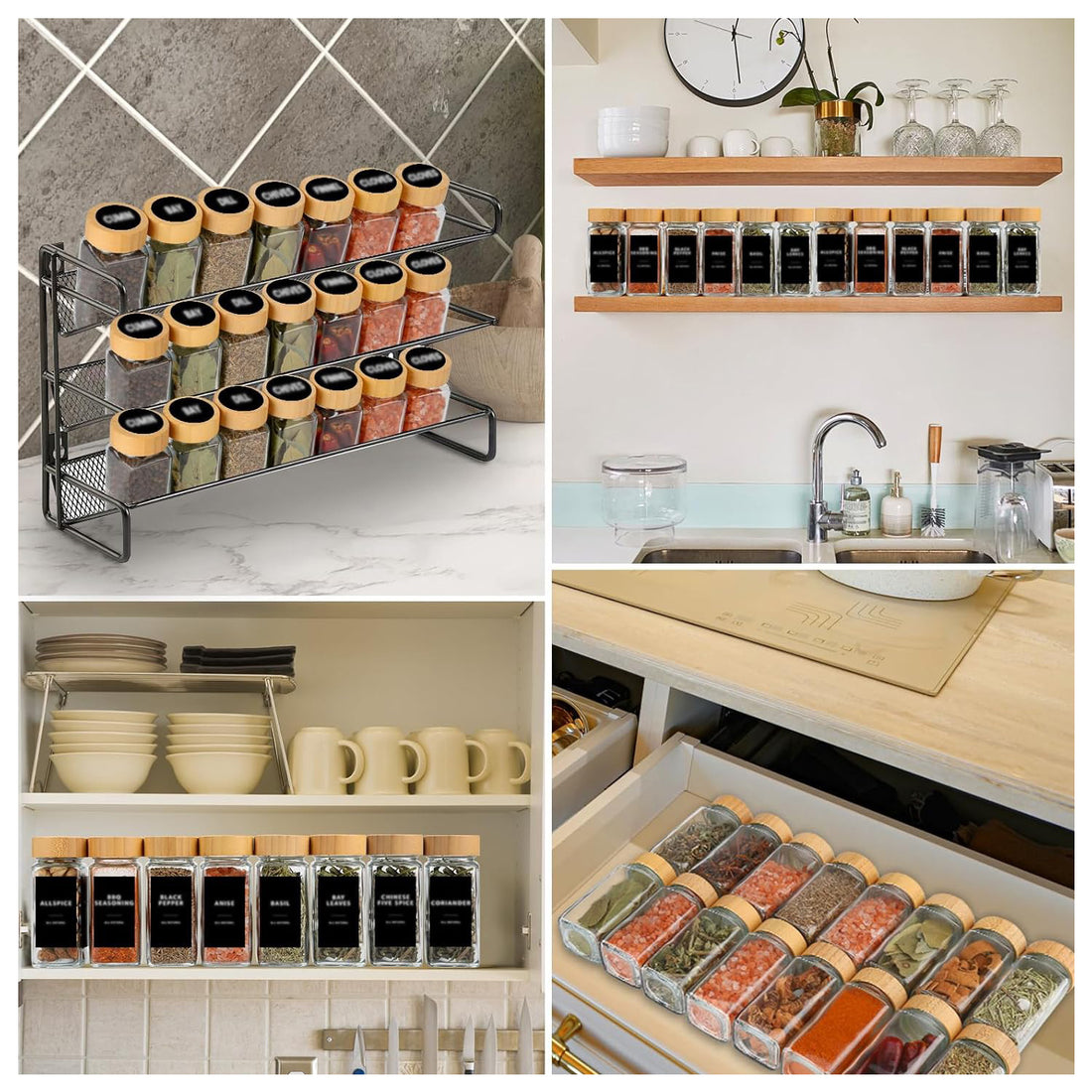 Set 24 Recipiente Condimente Elindor® din Sticla cu Capac din Bambus, cu Sita, Organizator Bucatarie, Organizatoare Sertar, Borcane 120 ml, 2 Tipuri de Etichete si Palnie din Silicon, Accesorii Depozitare, Transparente