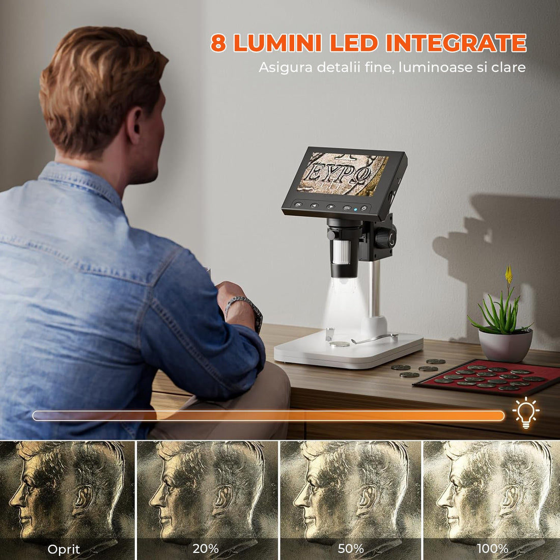 Microscop Digital Elindor® Ecran LCD, 8 LED-uri Reglabile, Compatibil Windows Mac, Suport Ajustabil, Baterie Reincarcabila, Microscop Portabil pentru Monede, Bijuterii, Educatie STEM