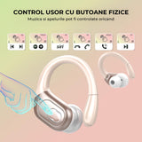 Casti Wireless Elindor® Sport Bluetooth 5.4, 75h Autonomie, ENC, Earhooks, IPX7 Waterproof, Microfon, Roz