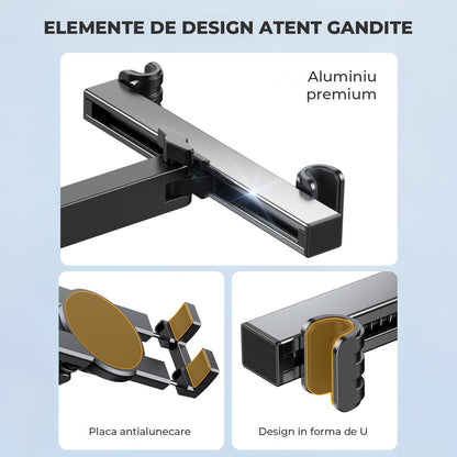 Suport Auto Tetiera Elindor® pentru Tablete si Telefoane, Pliabil, Extensibil, Rotire 360°, Compatibil 4,7-12,9", Negru