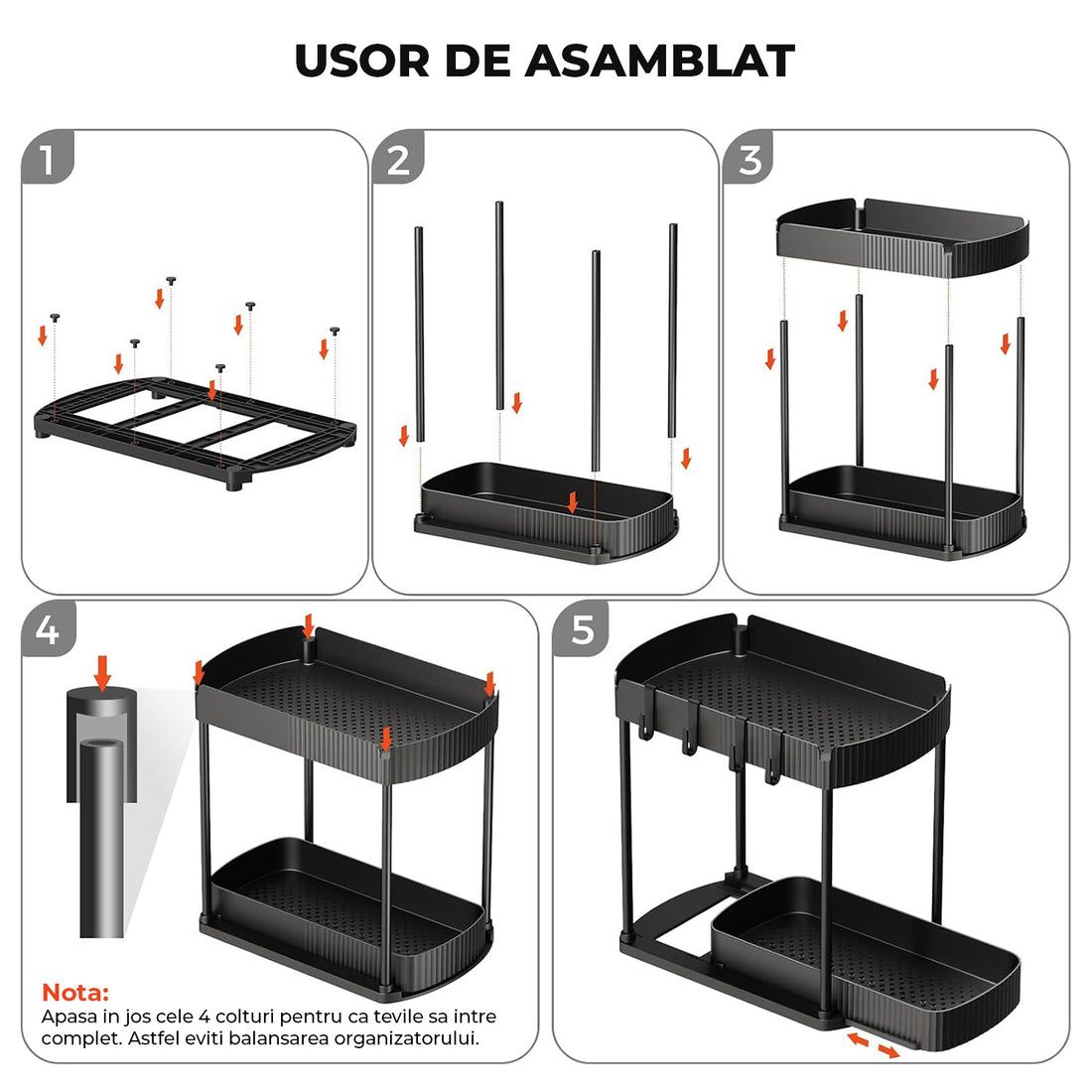 Organizator Elindor® cu 2 Nivele, Recipient de Depozitare Multifunctional si Glisant, Organizator pentru Dulapul de sub Chiuveta din Baie si Bucatarie, 20.3 x 38 x 32.5 cm, Negru