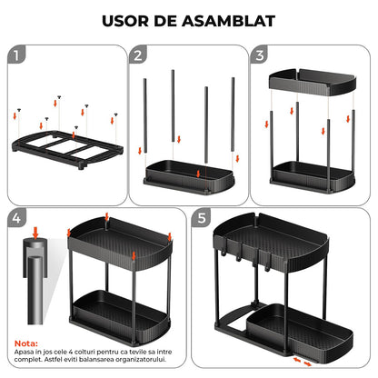 Organizator Elindor® cu 2 Nivele, Recipient de Depozitare Multifunctional si Glisant, Organizator pentru Dulapul de sub Chiuveta din Baie si Bucatarie, 20.3 x 38 x 32.5 cm, Negru