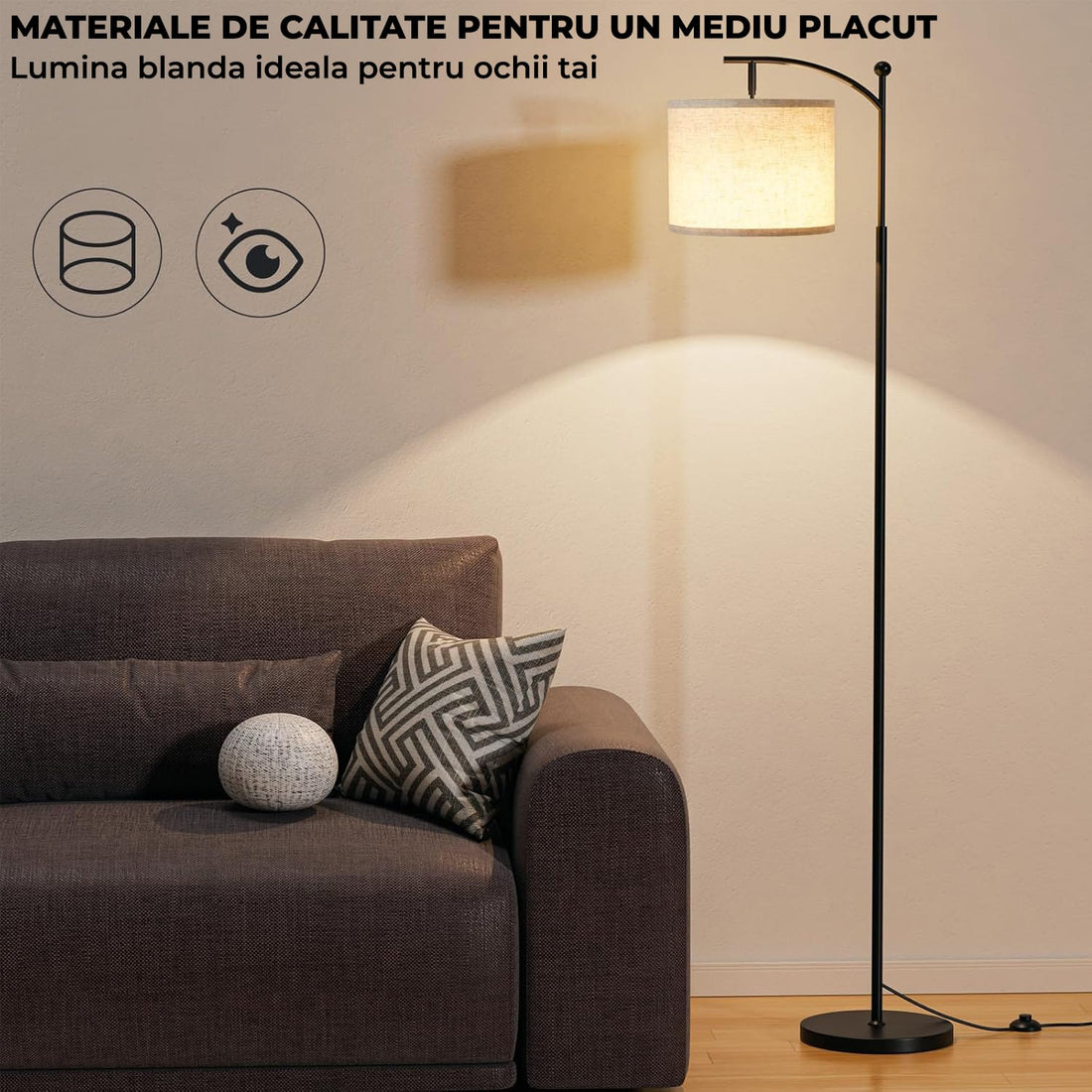 Lampa de Podea Elindor® Veioza cu Abajur Tesatura, Lumina Ajustabila 3000K, 4000K, 5000K, Soclu Compatitbil E26, pentru Camera de Zi, Dormitor, Sufragerie, Birou, Hol, Picior 154 x Baza 22 cm, Neagra