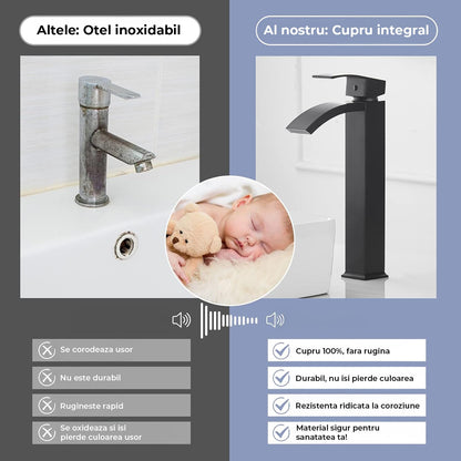 Baterie Chiuveta Vas Elindor®, Robinet Cascada, Design Modern, Alama Solida, Negru