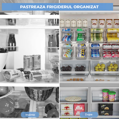 Organizator Bauturi Elindor® pentru Frigider, Dulap sau Blat, 10-11 Doze de 330-500 ml, 2 Nivele, Ajustabil, Antiderapant, Potrivit si pentru Iaurt,32 x 23.5 x 16.5 cm, Transparent