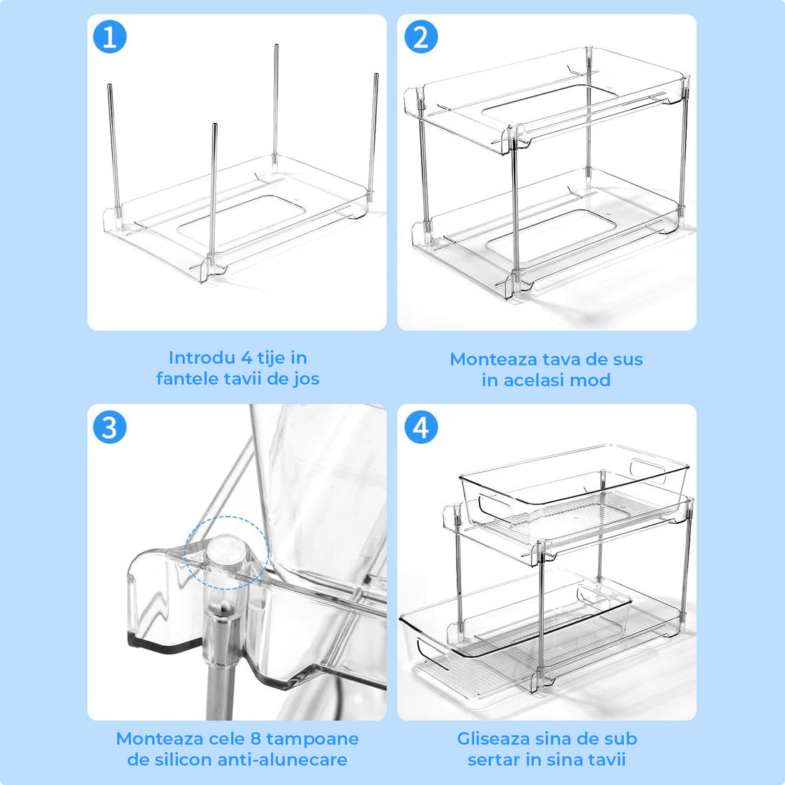 Set 2 Organizatoare Transparente Elindor® cu 2 Nivele, Recipient de Depozitare Multifunctional si Glisant, Organizator pentru Dulapul de sub Chiuveta din Baie si Bucatarie, 30 × 19 × 25.5 cm