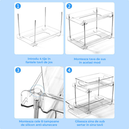 Set 2 Organizatoare Transparente Elindor® cu 2 Nivele, Recipient de Depozitare Multifunctional si Glisant, Organizator pentru Dulapul de sub Chiuveta din Baie si Bucatarie, 30 × 19 × 25.5 cm
