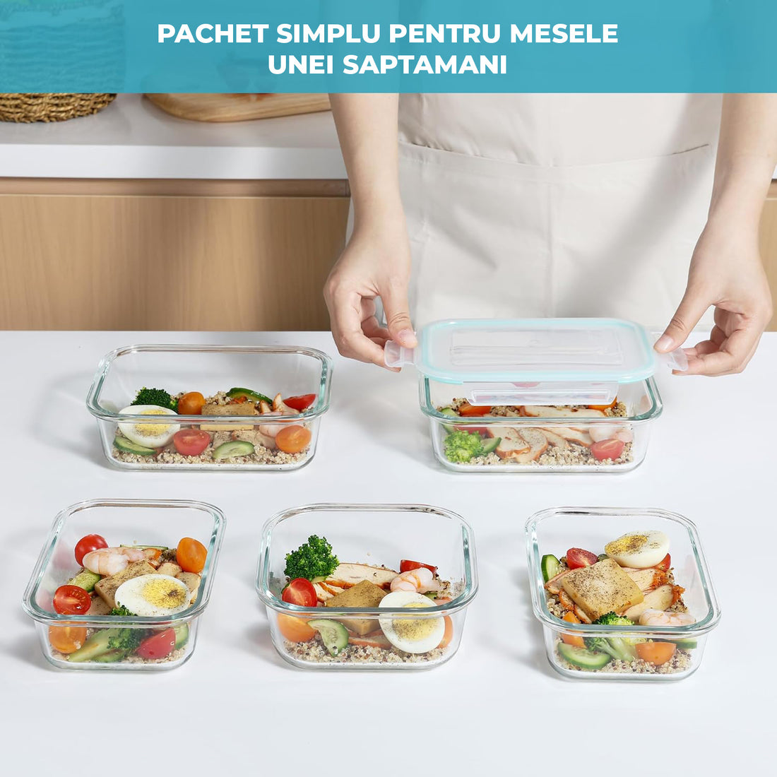 Set de 8 Caserole Elindor® din Sticla, Recipiente Ingrediente pentru Bucatarie, pentru Alimente Uscate, Recipient pentru Depozitare Cafea, Zahar, Paste, Cereale, Capac Etans, Potrivit pentru Congelator, Transparent